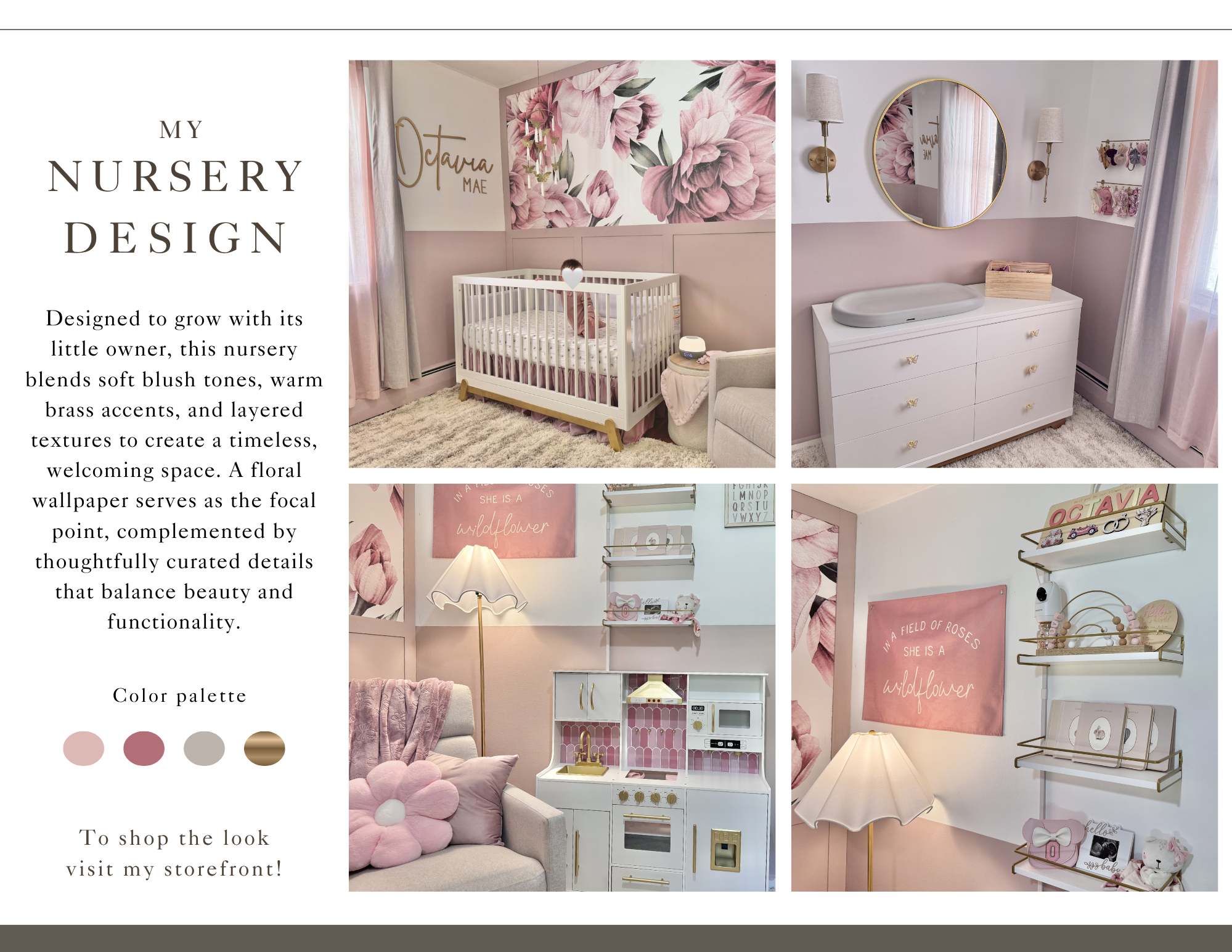 Nursery design layout with blush floral wallpaper, a white crib, and curated decor details