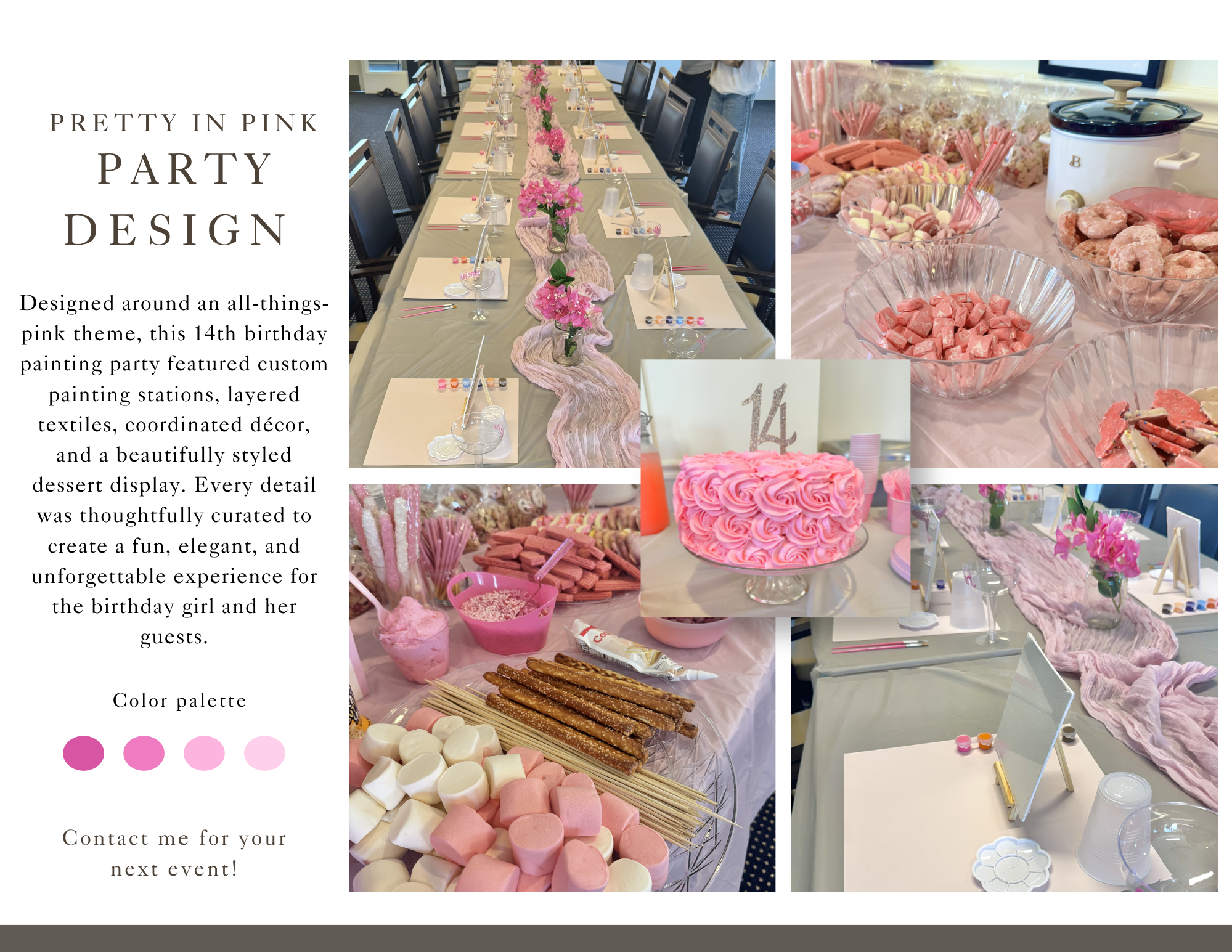 Pretty in Pink birthday party design layout with a pink painting table, custom decor, and dessert display