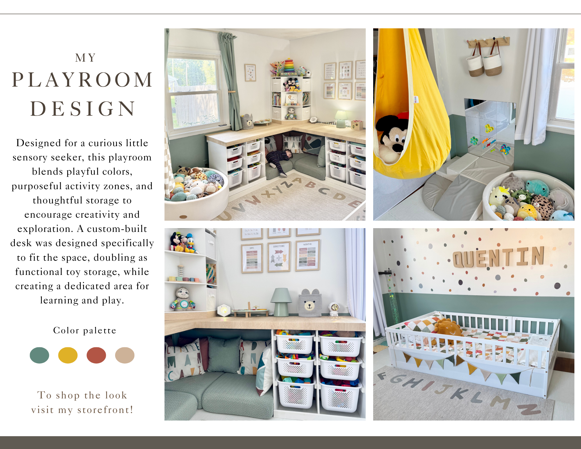 Playroom design layout with a custom activity desk, organized storage, and playful color accents